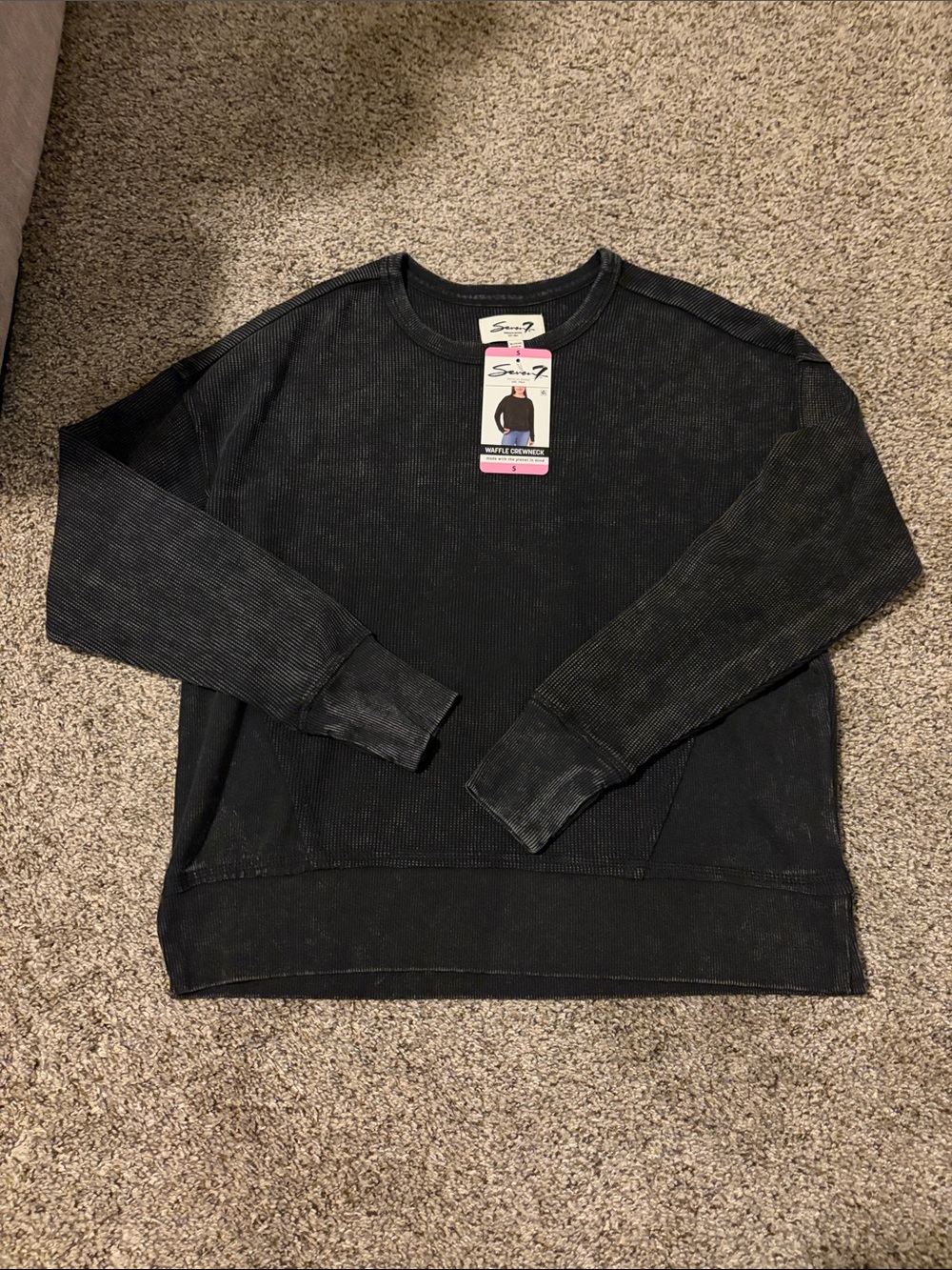 Seven7 Women's Black Long Sleeve Waffle Crewneck Top